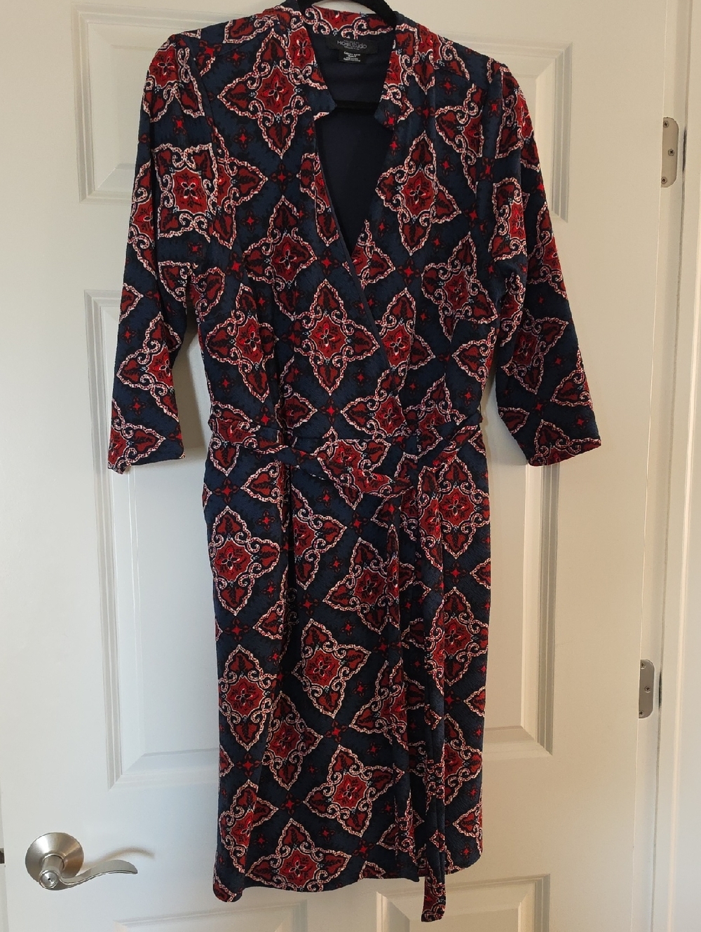 Michel Studio Navy Wrap Midi Dress with Red Pattern